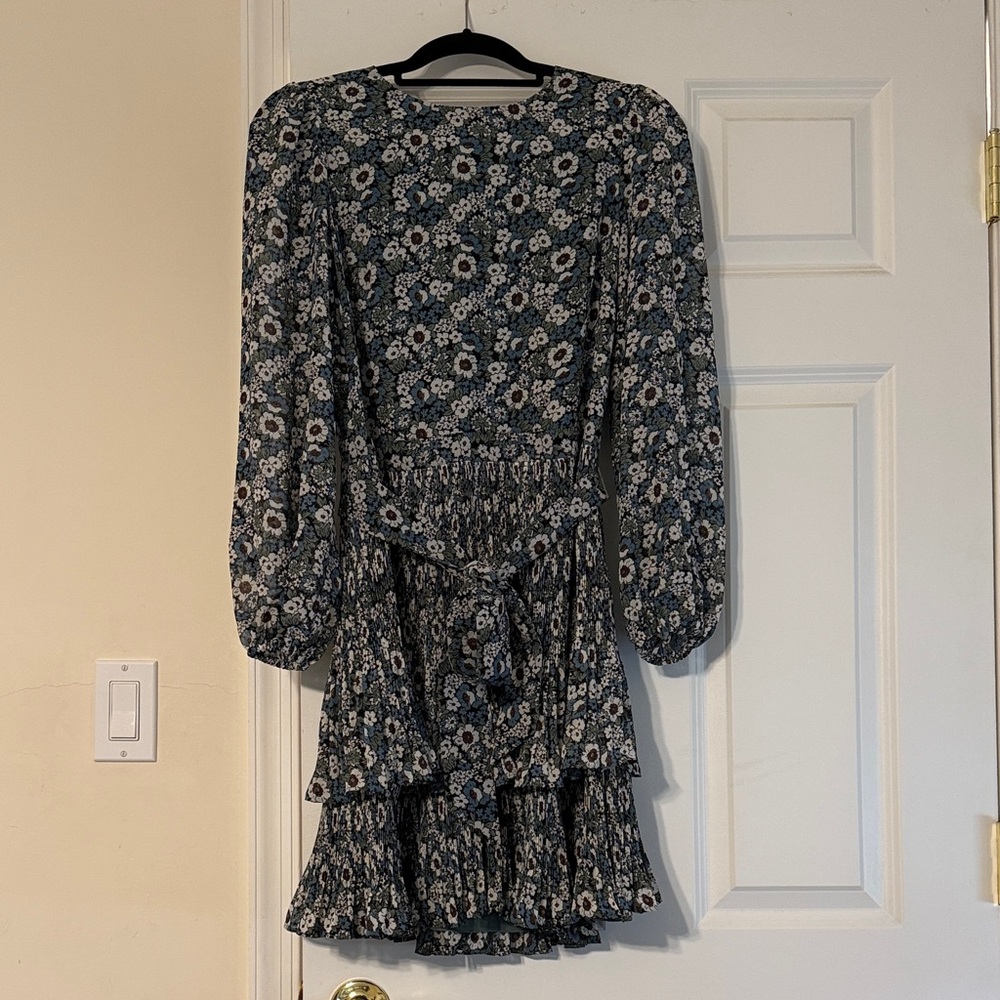 Floral Long Sleeve Ruffle Dress - Blue